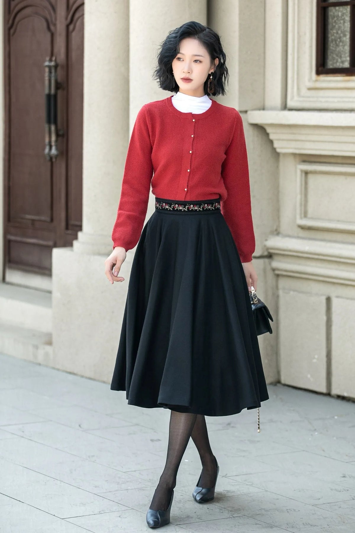 Black Wool Midi Skirt - Embroidered Waist A-Line Circle Skirt 5310