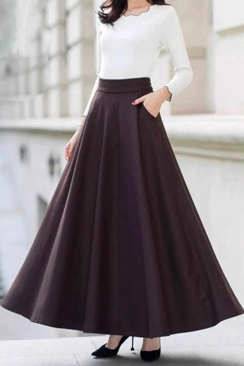 Brown Wool Maxi Skirt - A-Line Silhouette with Side Pockets 4746