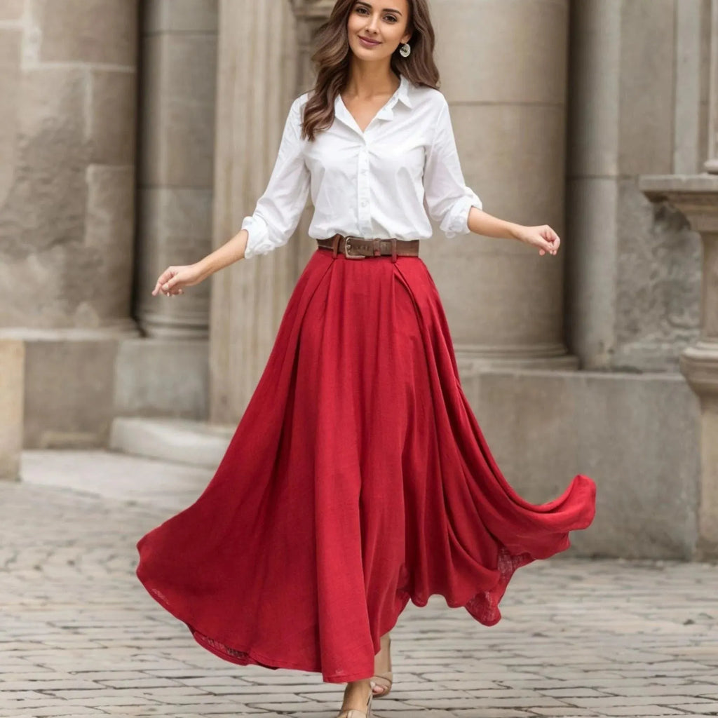 Red Cotton Linen Maxi Skirt - High-Waisted Pleated A-Line Swing 5516