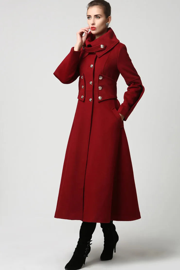 Army Green Wool Coat - Elegant Military-Inspired Maxi Long Coat 1118