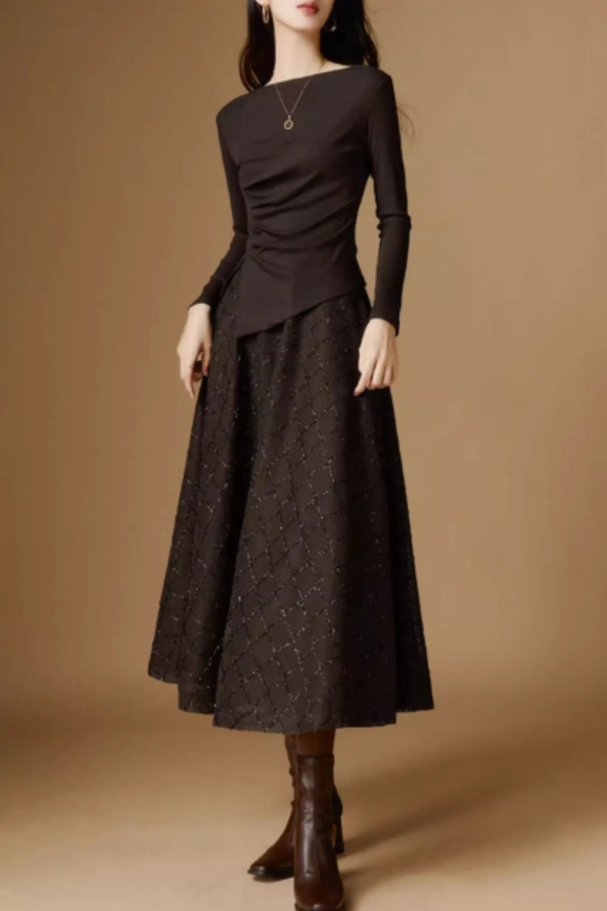 Forest Green Wool Blend Asymmetrical Knit Top - Long Sleeve Autumn Essential 5525