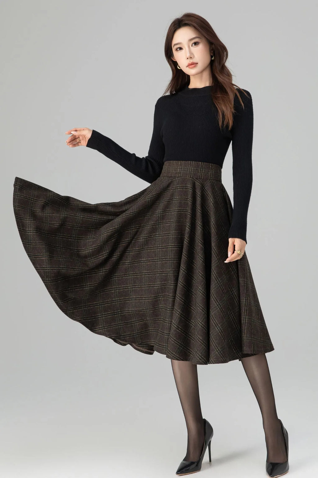 Brown Wool Midi Skirt - High-Waisted Wide Waistband Circle Silhouette 6396