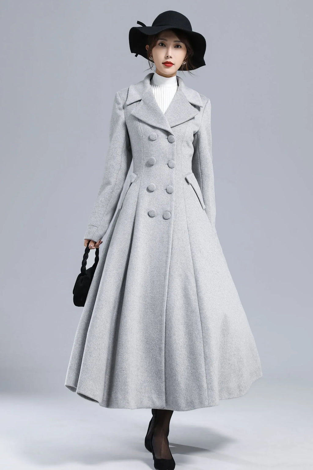 Light Gray Wool Coat – Elegant Double-Breasted Fit and Flare Winter Overcoat 3236
