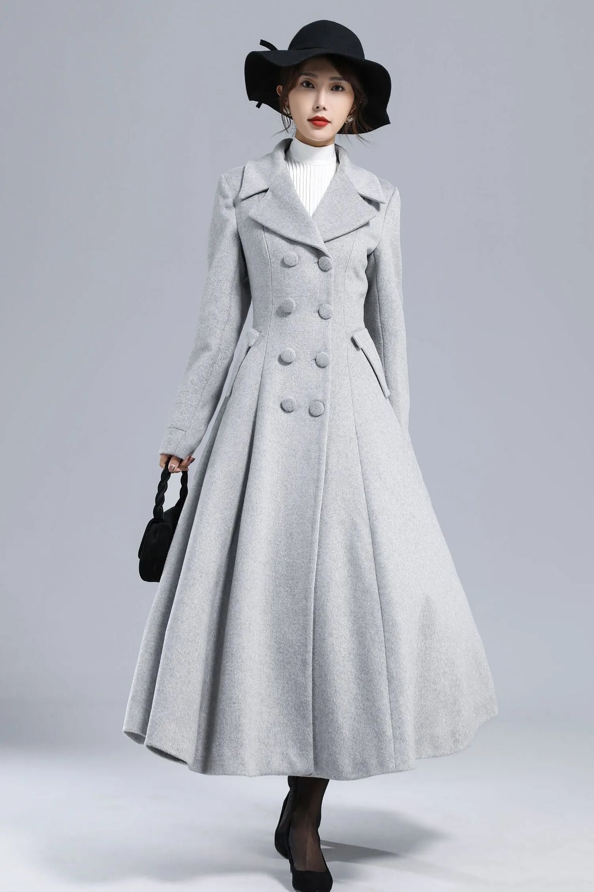 Light Gray Wool Coat – Elegant Double-Breasted Fit and Flare Winter Overcoat 3236