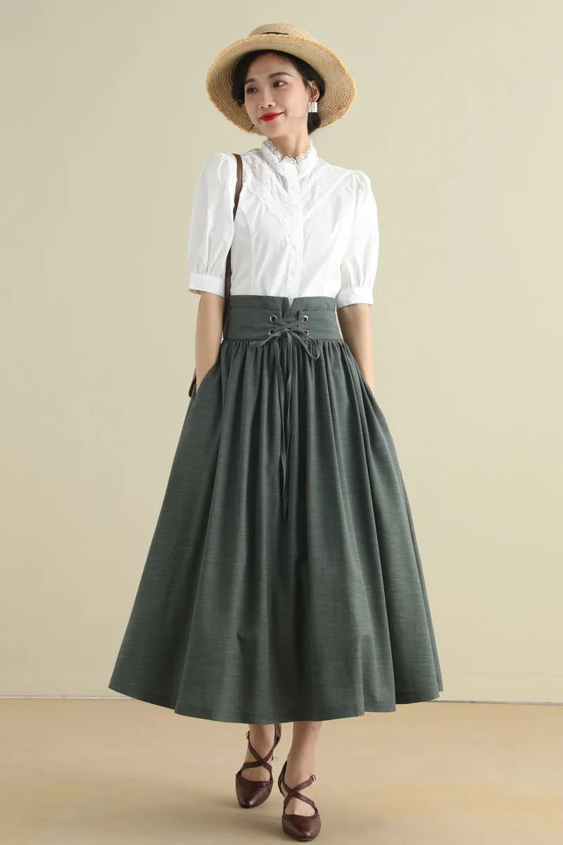 Green Linen Cotton Midi Skirt - Pleated High Waist with Drawstring 2788