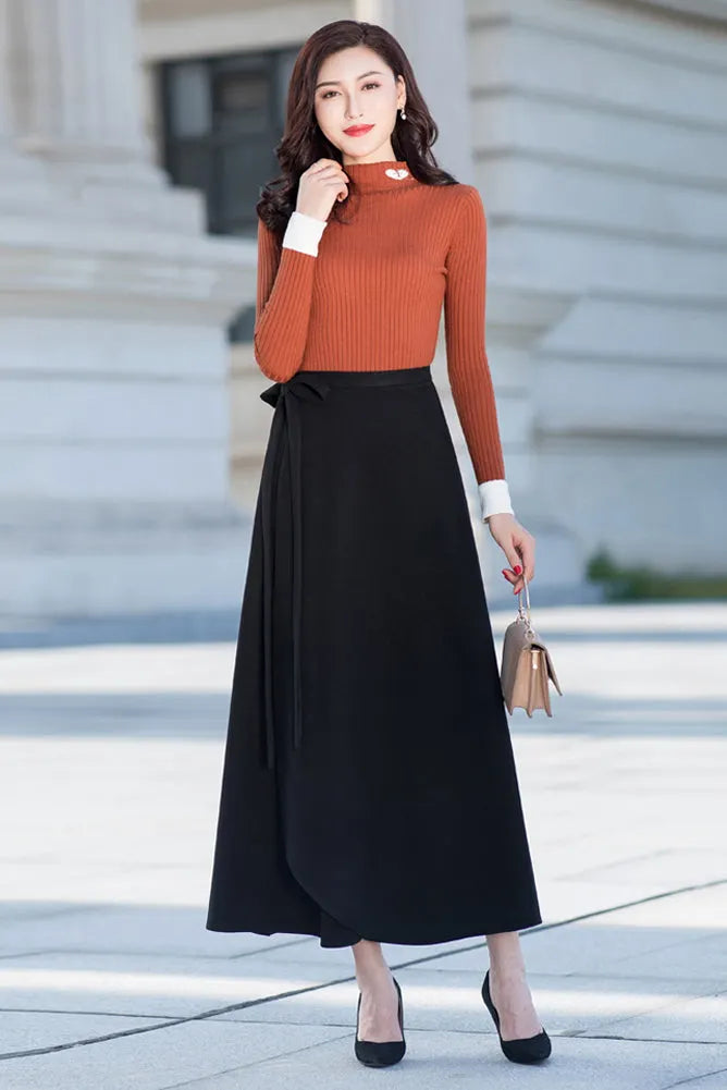 Black Cotton Blend A-Line Maxi Skirt - High Waist Wrap with Belt 40