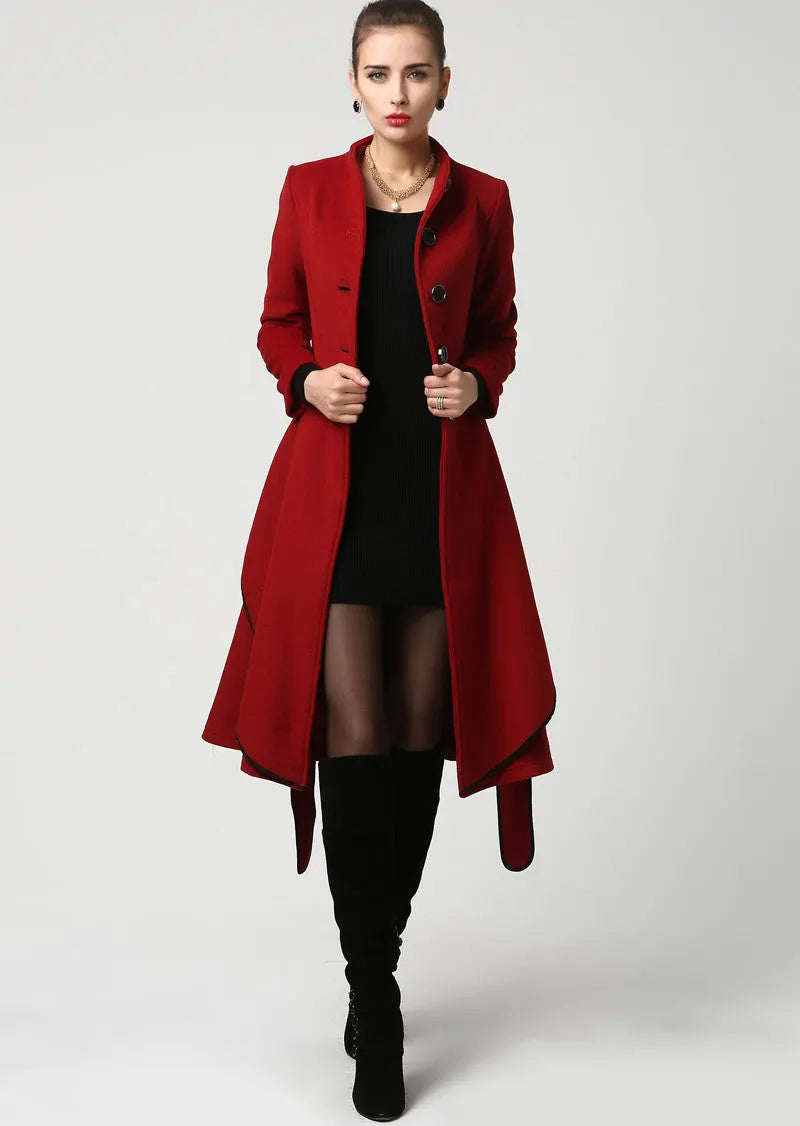 Red Wool Midi Coat – Belted Collarless Coat with Tulip Skirt Detail 1111