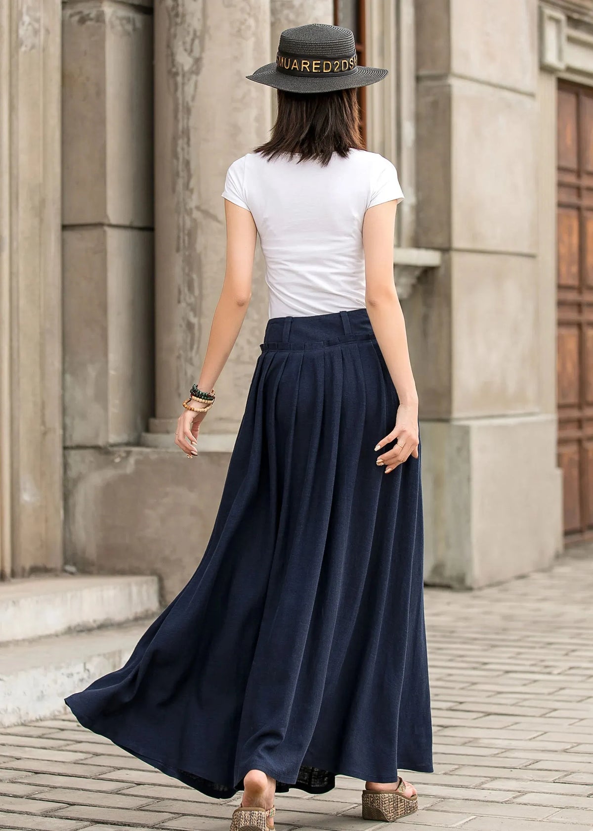 Blue Cotton Linen Maxi Skirt - High Waist Pleated Swing with Pockets 2847