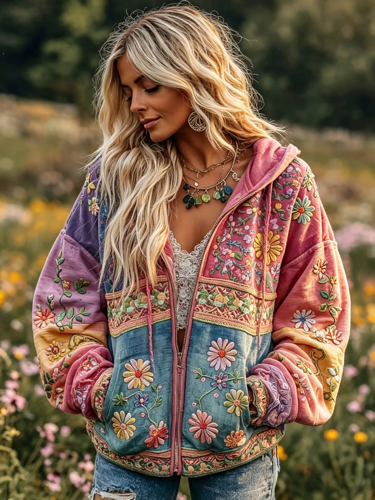 Women's Retro Hippie Floral Patchwork Embroidery Art Casual Zipper Hoodie