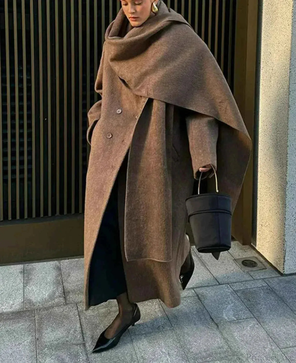 Double-Breasted Brushed Coat with Turn-Down Collar