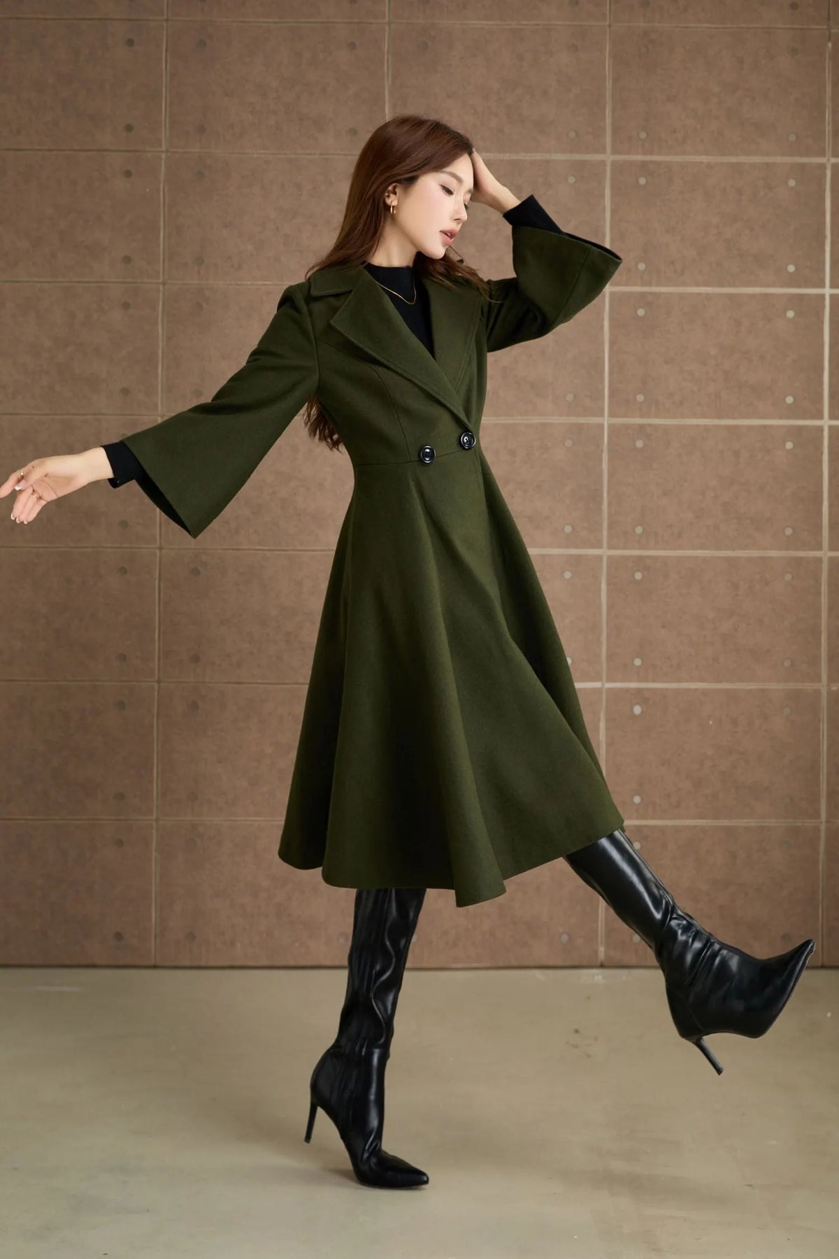 Green Wool Princess Coat - Fit and Flare, 3/4 Sleeves 5364