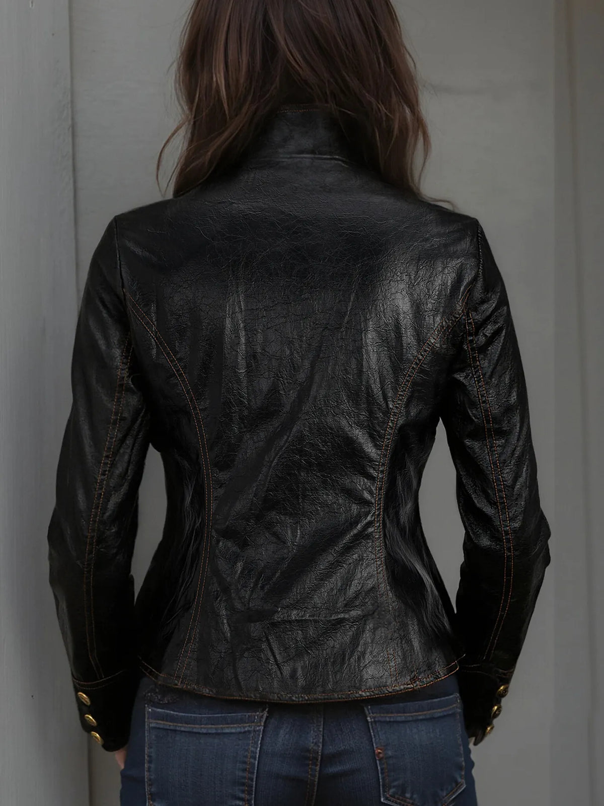 Retro Stand Collar Metal Button Pu Jacket