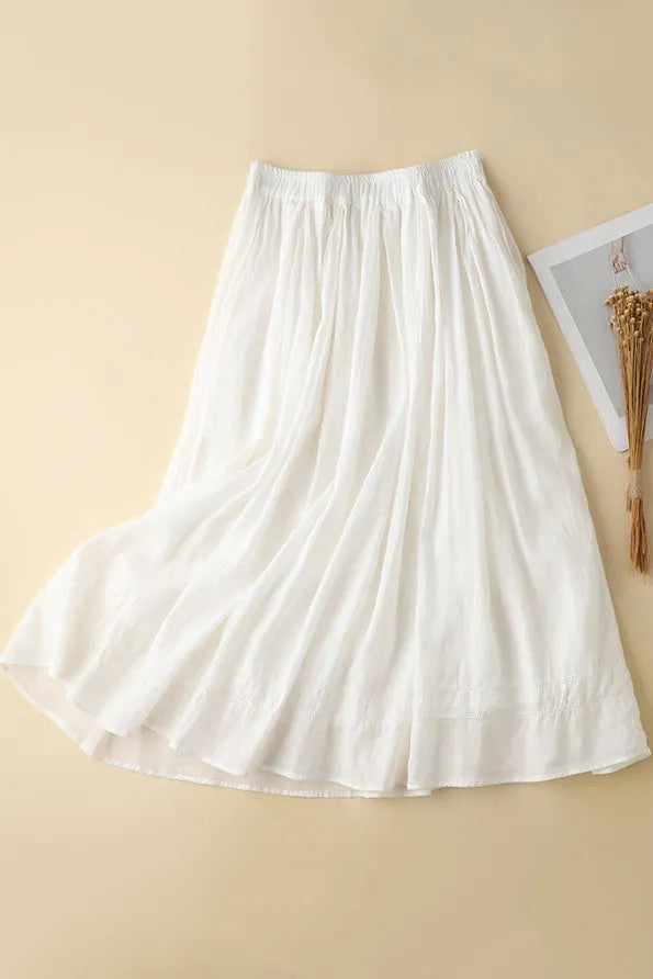 White Linen Maxi Skirt - Elastic Waist A-Line Flowing Design 3590