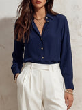 Nautical Riviera Navy Blue Matte Satin Long Sleeve Button Down Shirt