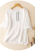 White Linen Tunic Top - Loose Fit Half Sleeve with Embroidered Detail J044