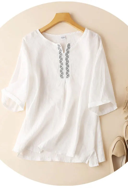 White Linen Tunic Top - Loose Fit Half Sleeve with Embroidered Detail J044