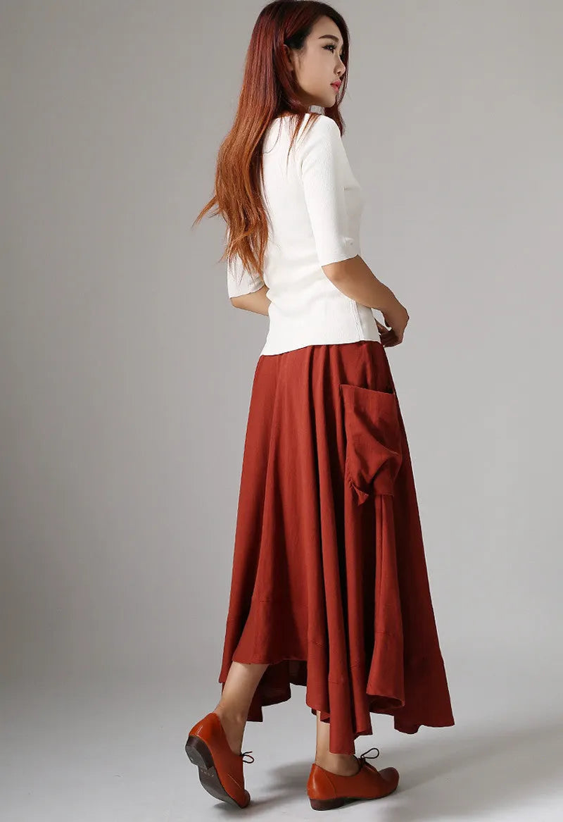 Red Linen Maxi Skirt - Asymmetric Ruffle Hem Pockets 