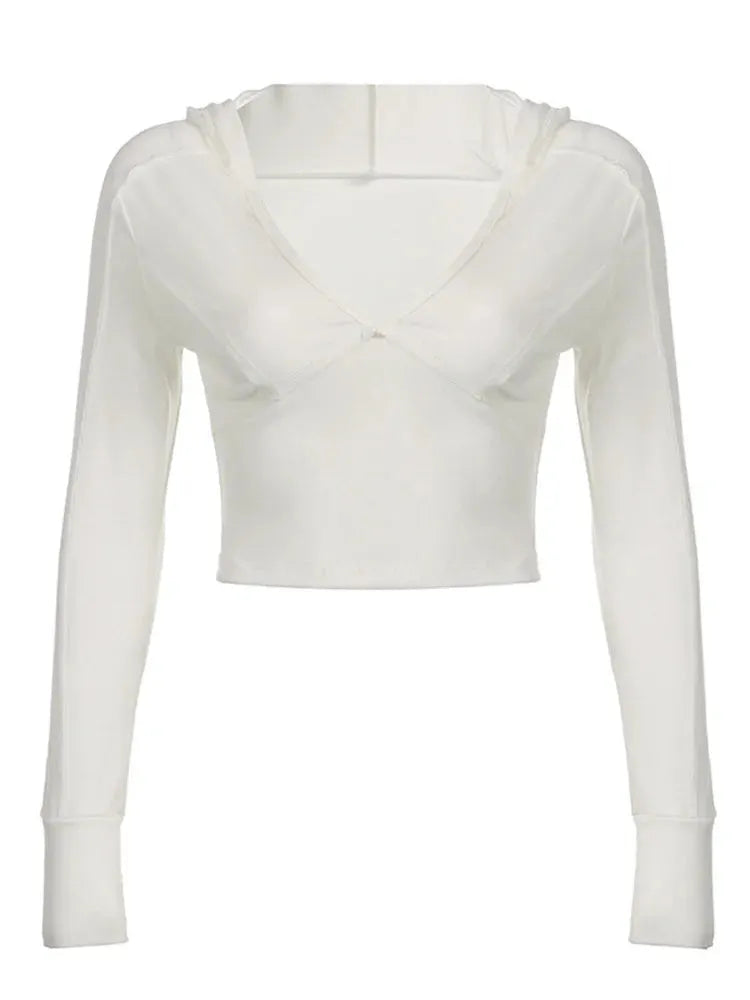 Hooded Ribbed Long Sleeve Deep V Neck Solid Color Slim Fit T-shirts