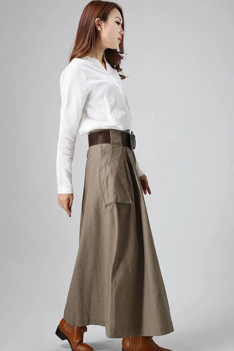 Khaki Linen Maxi Skirt – Vintage High Waist Long Skirt with Large Pockets 0820