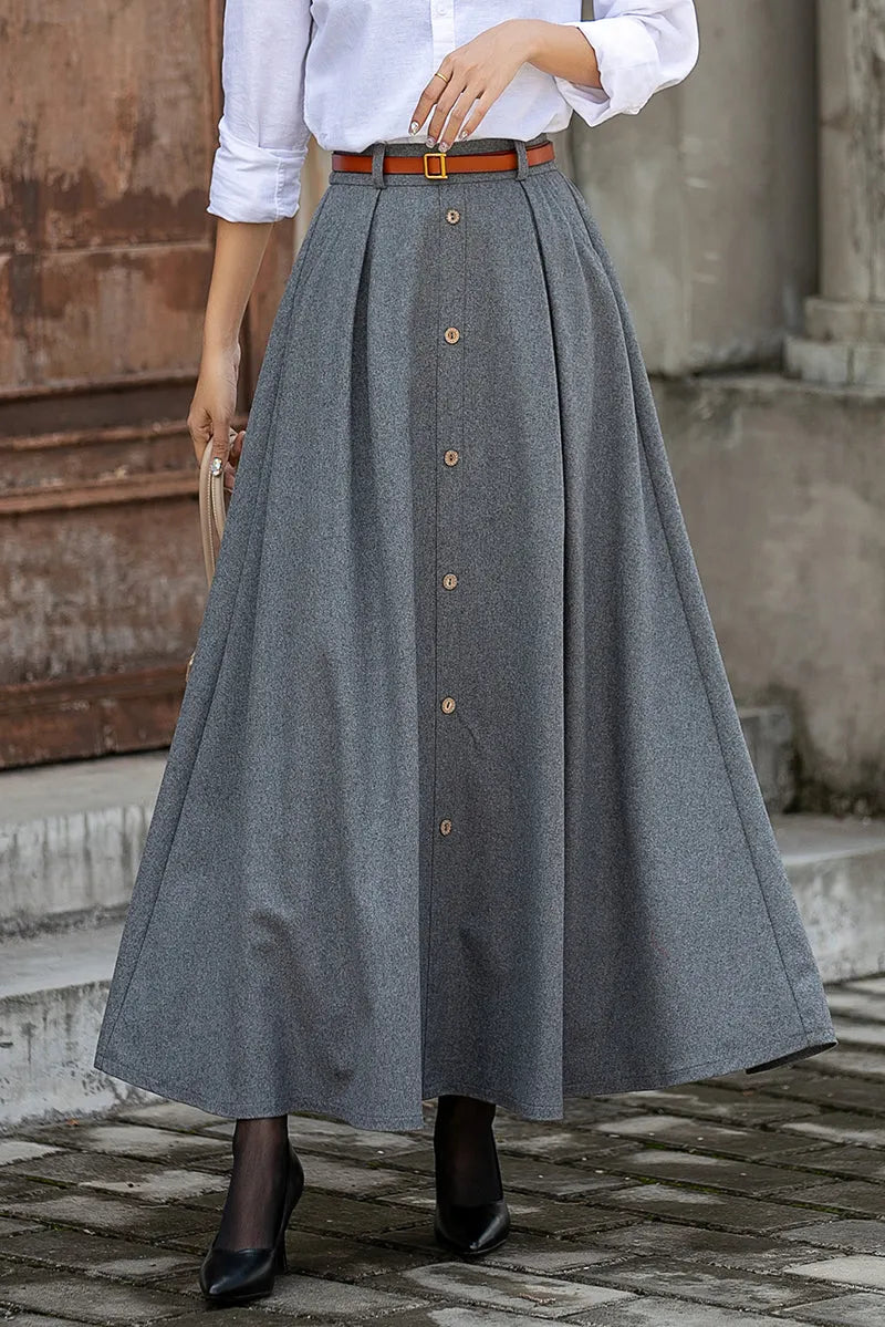 Grey Wool Maxi Skirt - 1950s Elastic Waist Full Silhouette 3855
