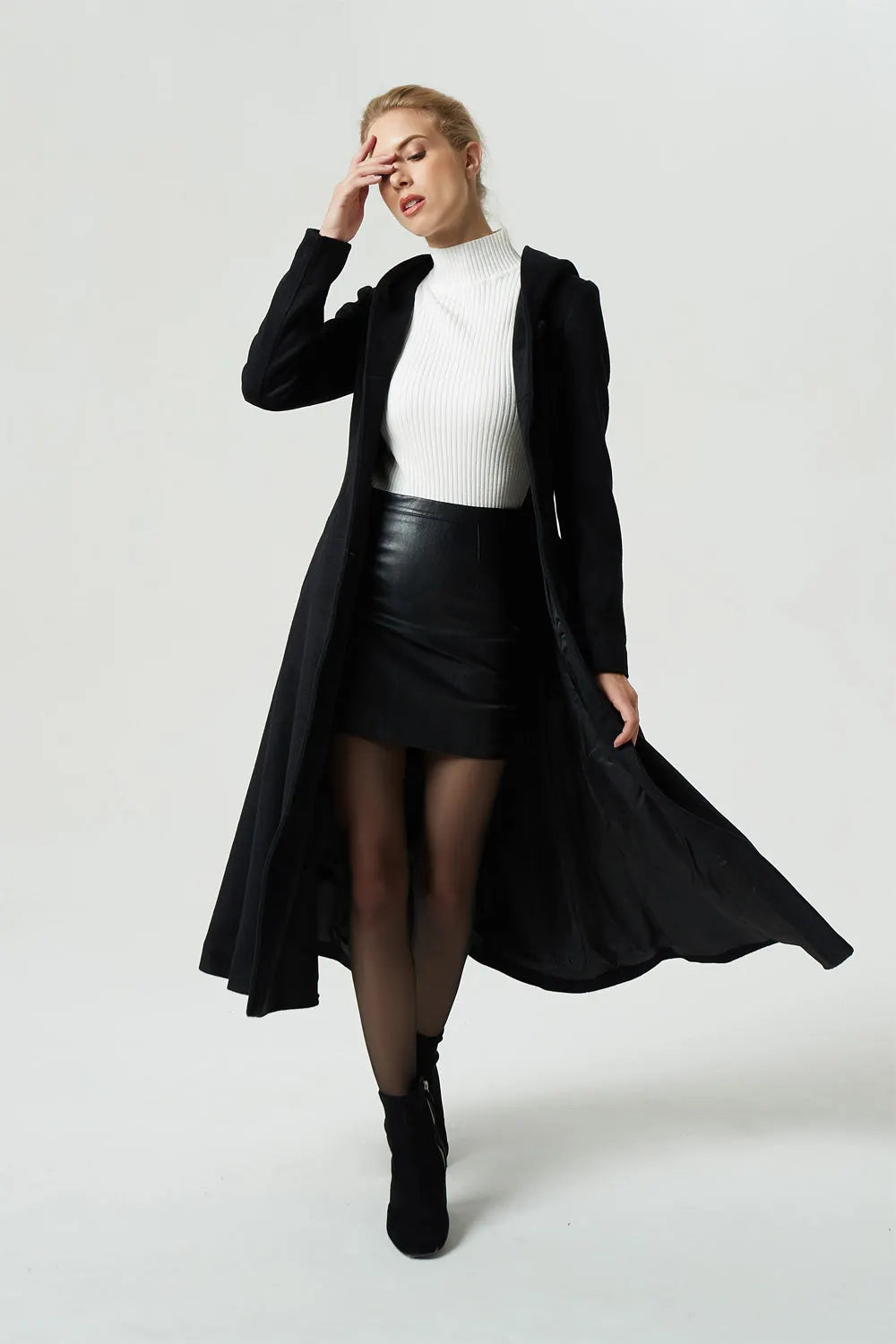 Handmade Black Wool Hooded Coat – Vintage Fit and Flare Maxi Winter Overcoat 