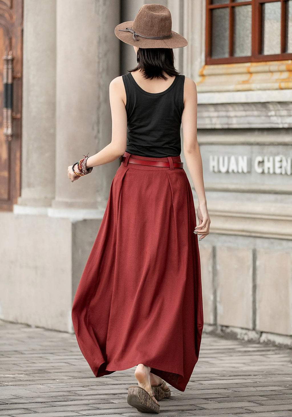 Handmade Linen Maxi Skirt – Red Asymmetrical Long Skirt for Women 
