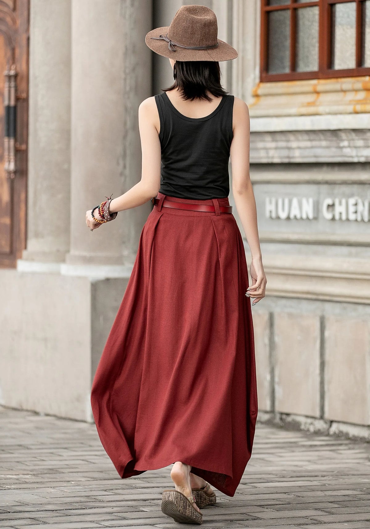 Handmade Linen Maxi Skirt – Red Asymmetrical Long Skirt for Women 