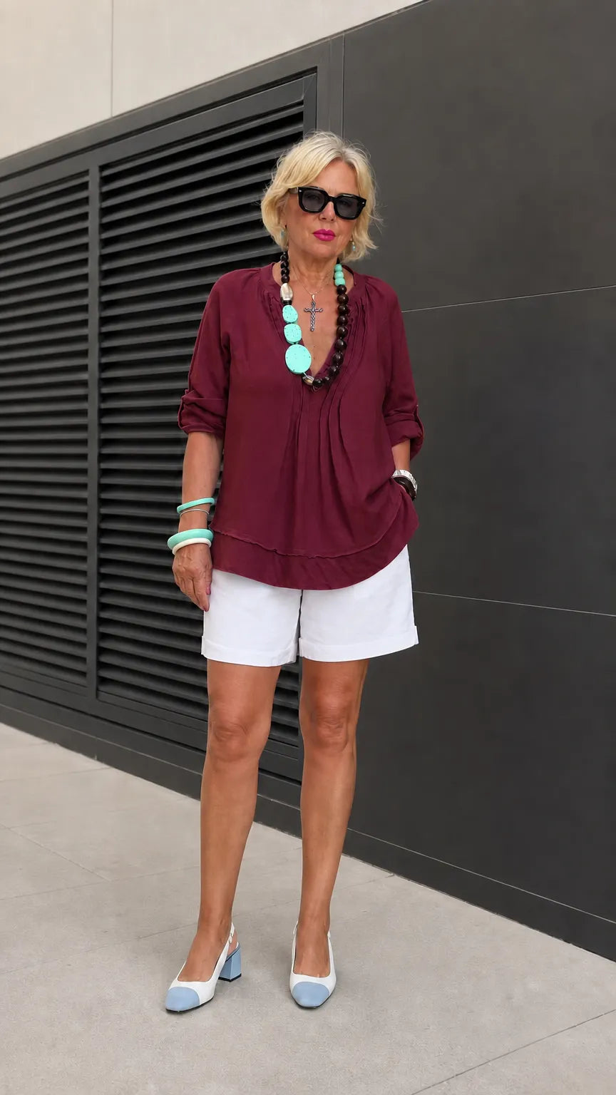 Women's Pleated Split Neck Tunic Blouse with Tiered Hem