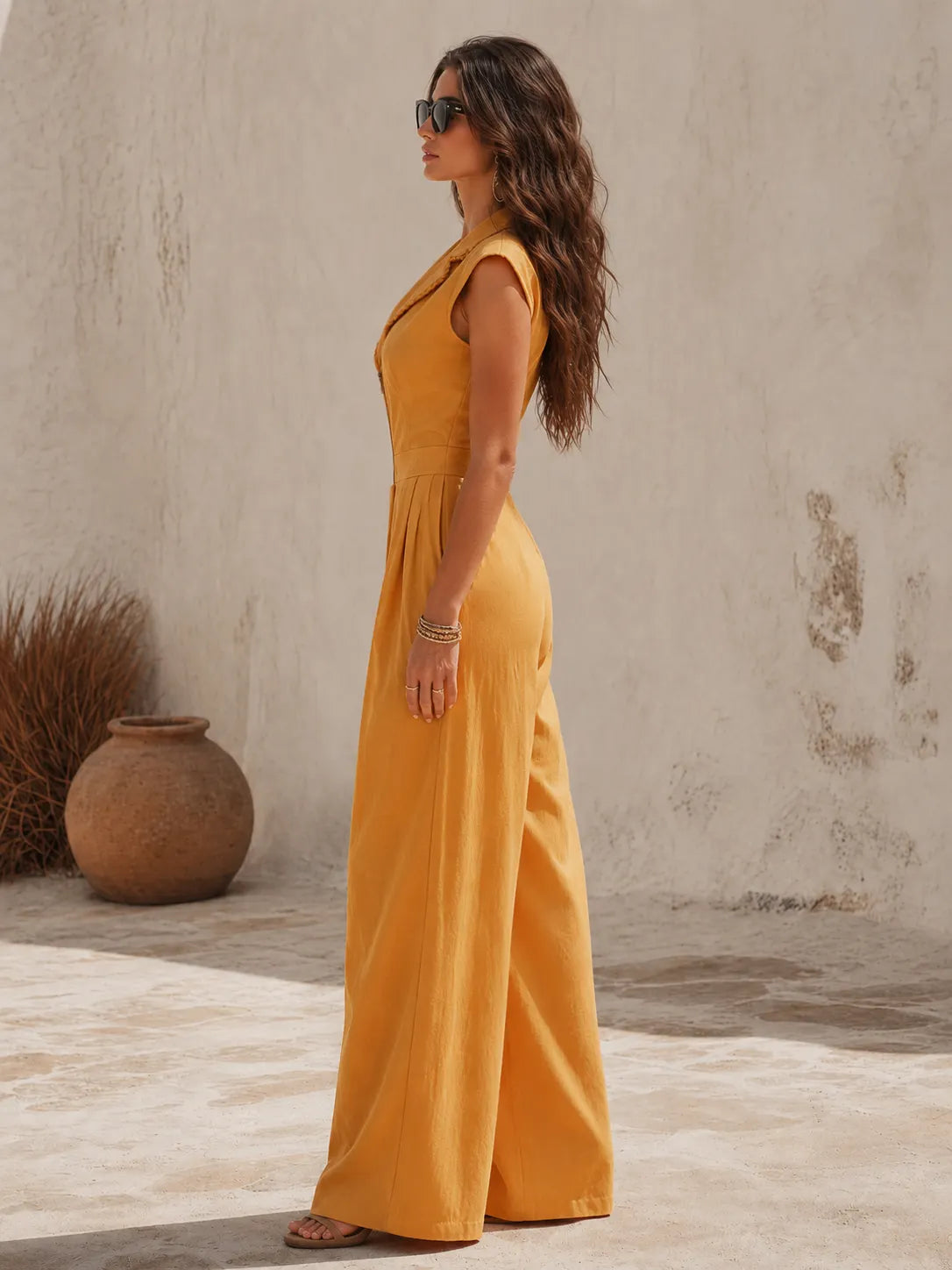 Bohemian Retro Western Lapel Sleeveless Cotton-Linen Jumpsuit