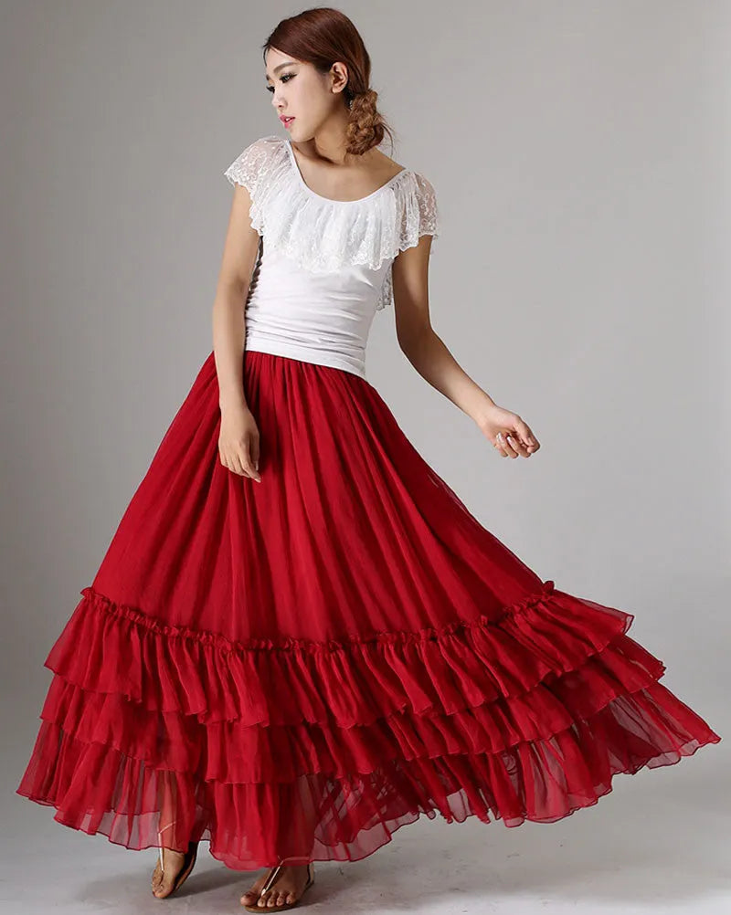 Elegant Handmade Red Chiffon Skirt – Layered Ruffle Maxi for Women 