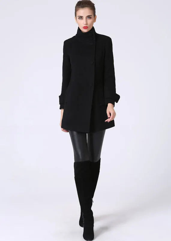 Black Wool Blend Coat - Tailored Short with Stand-Up Collar 1070