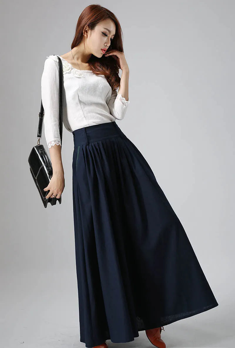Navy Linen Maxi Skirt - Pleated Waist Side Pockets 