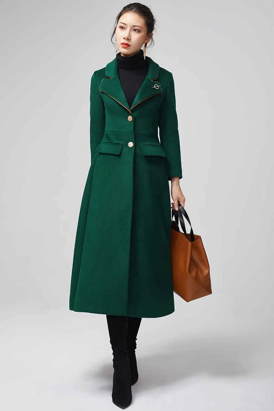 Emerald Green Wool Maxi Coat - Fitted Waist, Flowing Skirt 2202