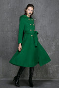 Army Green Wool Coat - Double-Breasted A-Line with Hood 1346