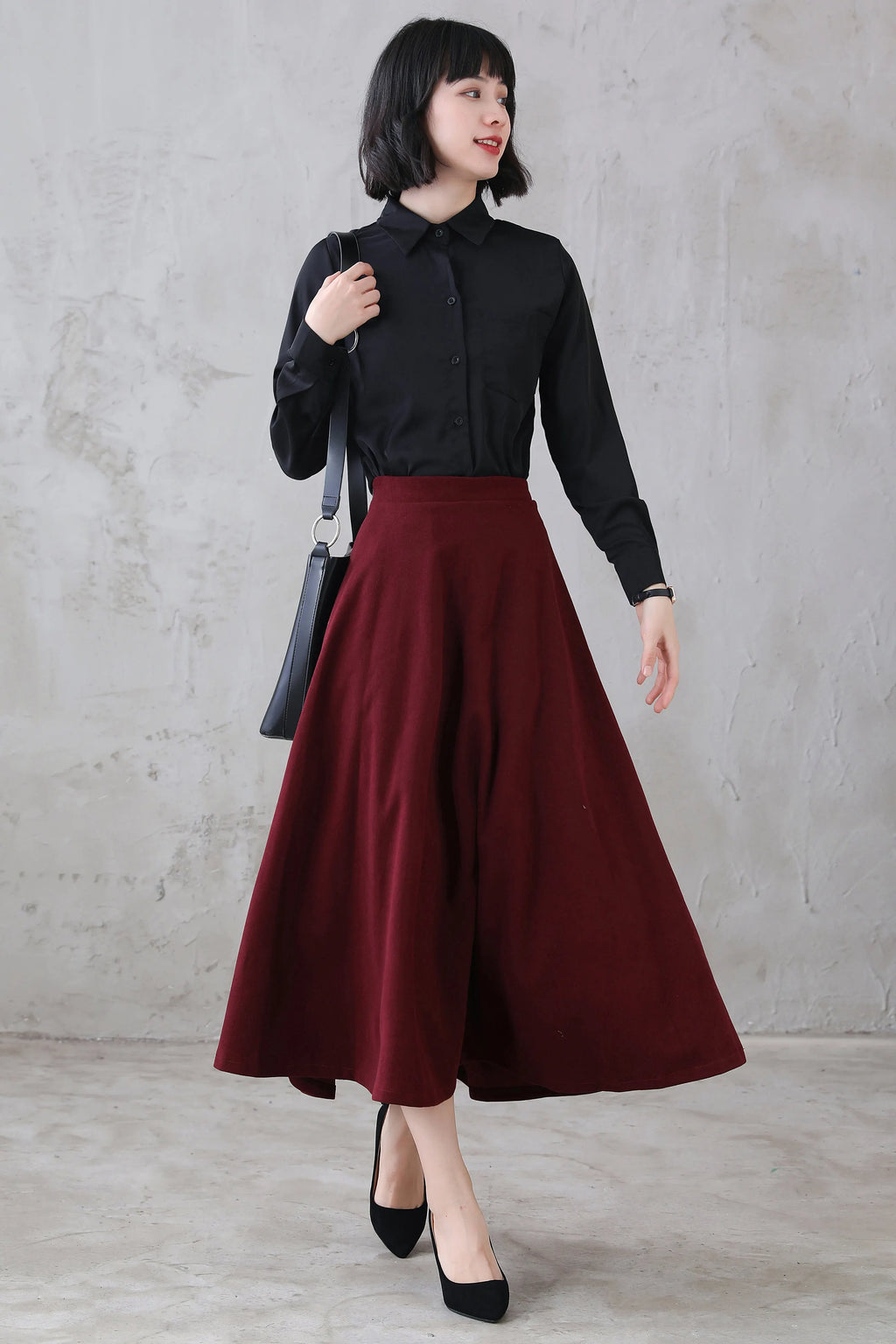 Burgundy Wool Midi Skirt - High Waist Flared A-Line Silhouette 3114