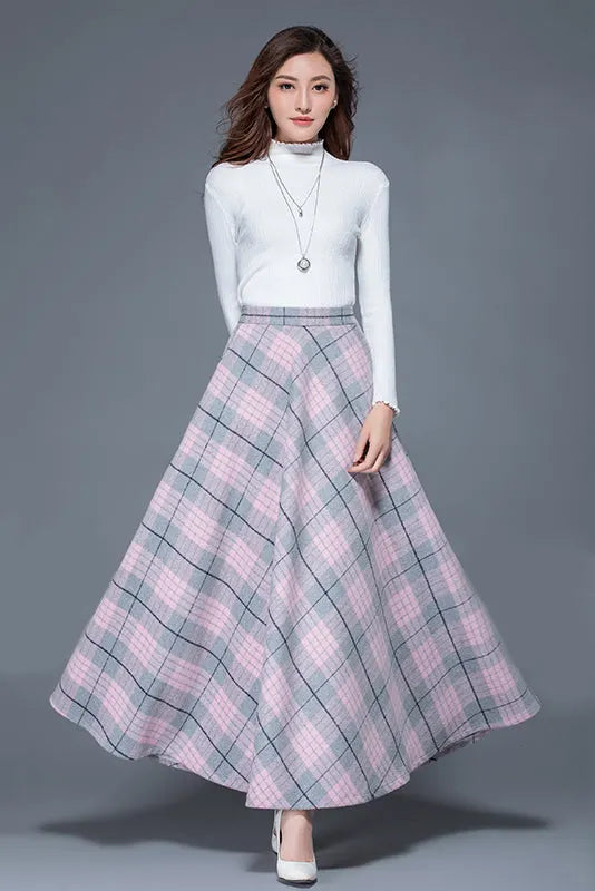 Plaid Wool Blend Maxi Skirt - A-Line Ankle Length with Pockets 3935