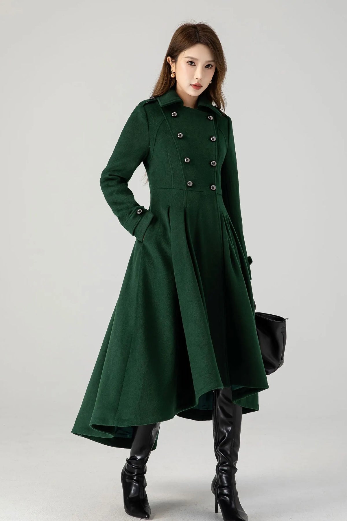 Green Wool Long Coat - Vintage Inspired A-Line Swing 4604