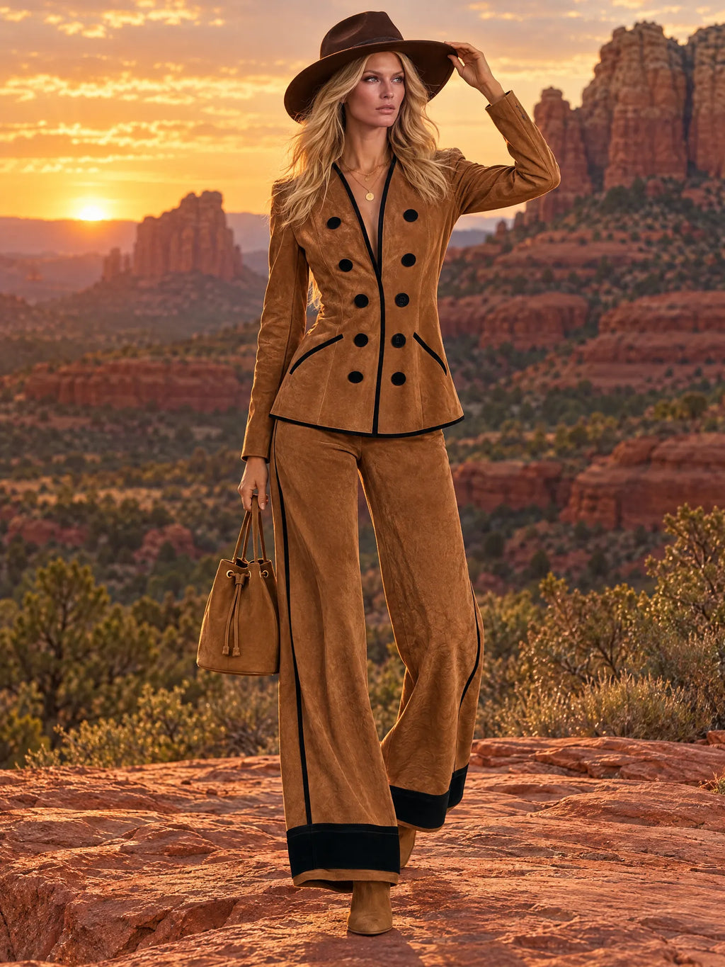 Vintage Cognac Faux Suede Double-Breasted Blazer And Wide-Leg Pants Set For Women