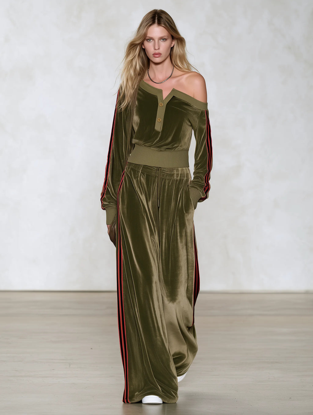 Sophisticated And Elegant Urban-style Color-block Velvet Set With An Asymmetrical Off-shoulder Top And Trousers