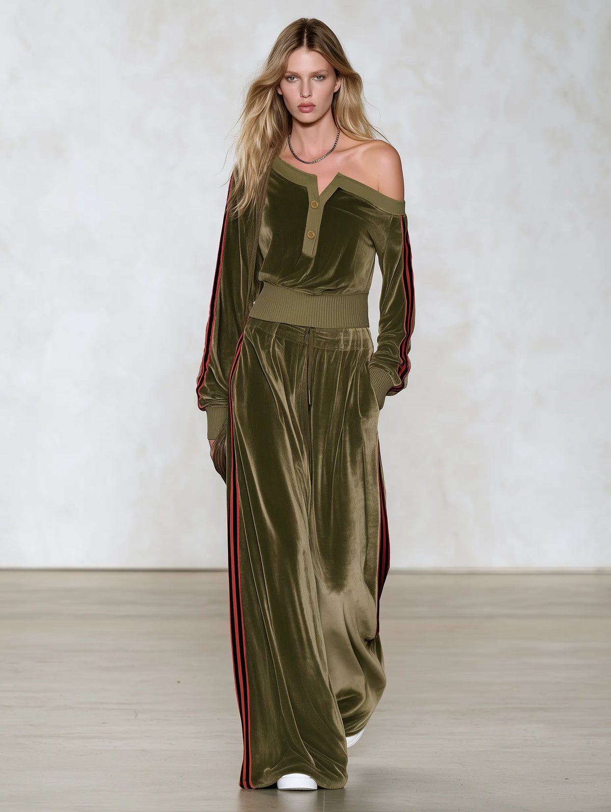 Sophisticated And Elegant Urban-style Color-block Velvet Set With An Asymmetrical Off-shoulder Top And Trousers
