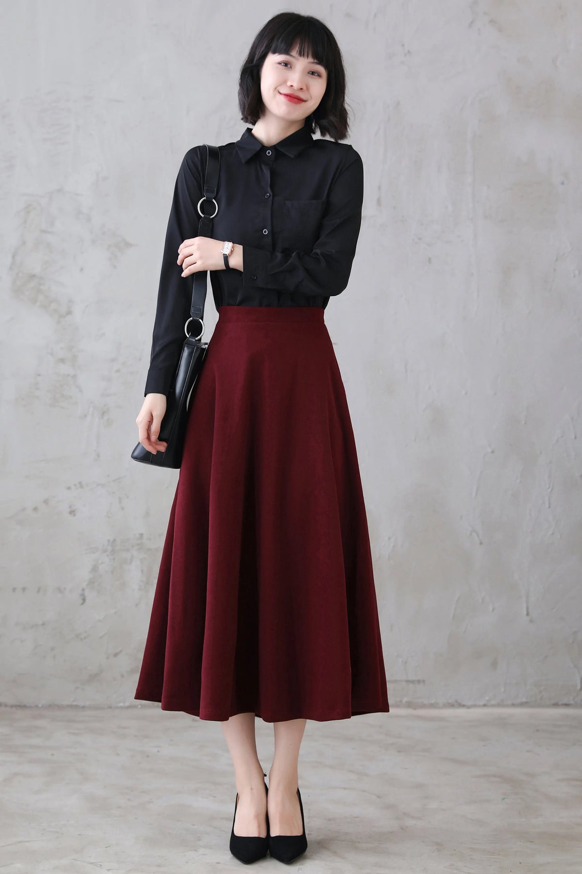 Burgundy Wool Midi Skirt - High Waist Flared A-Line Silhouette 3114