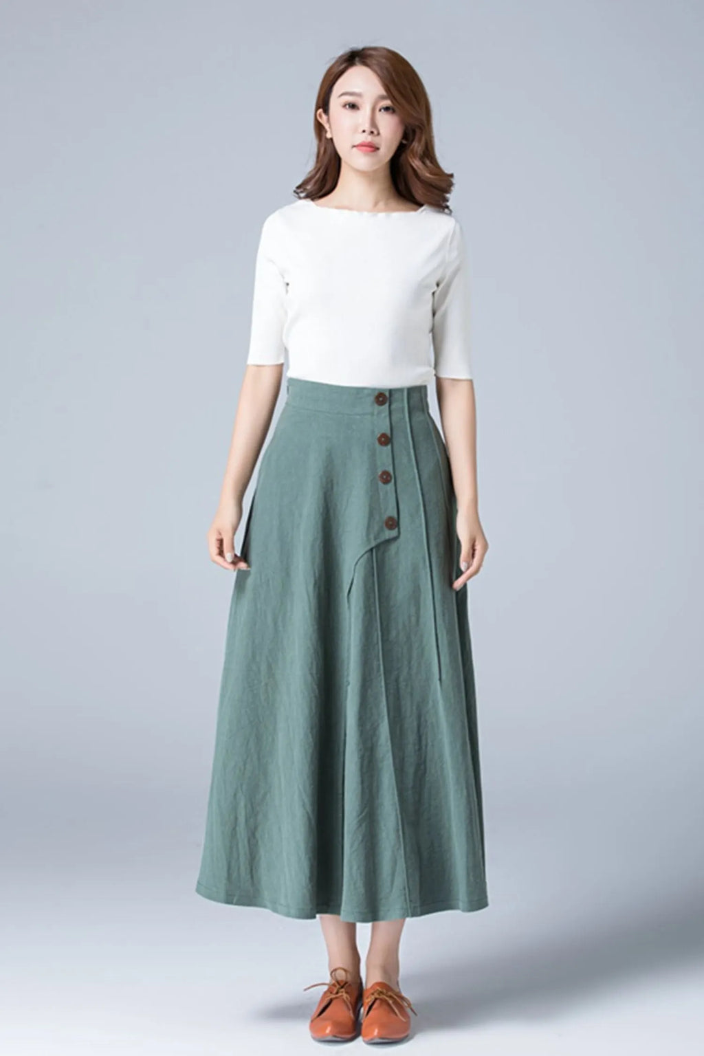 Green Linen Maxi Skirt - A-Line with Button Detail 1775