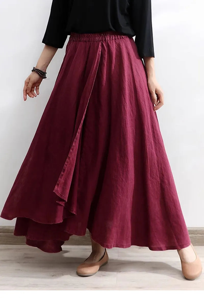 Burgundy Linen Cotton Maxi Skirt - Asymmetrical Soft Flow 4301
