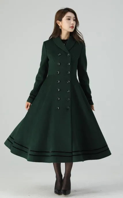 Forest Green Wool Coat - Double Breasted A-Line Fit and Flare 4514