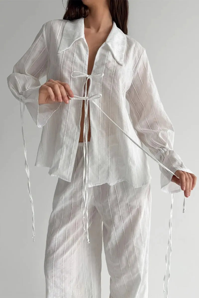 Collared Tie Front Sheer Shirt Pants Set