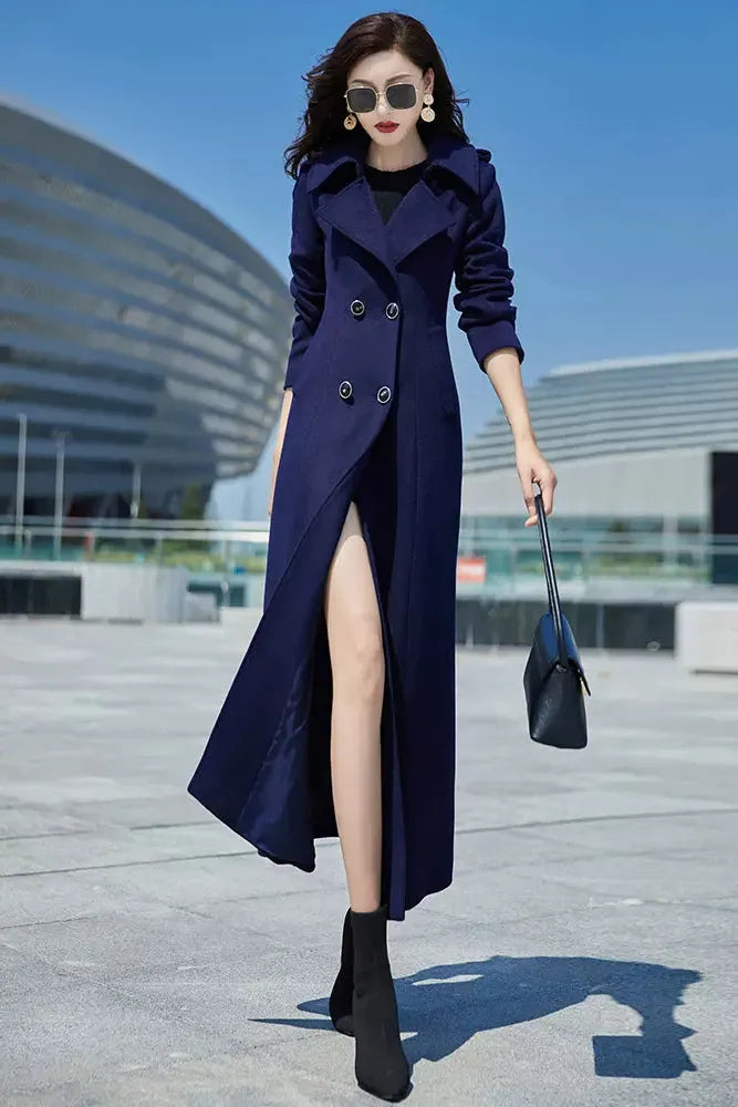 Navy Blue Wool Coat – Long Double Breasted Fit & Flare Winter Overcoat 