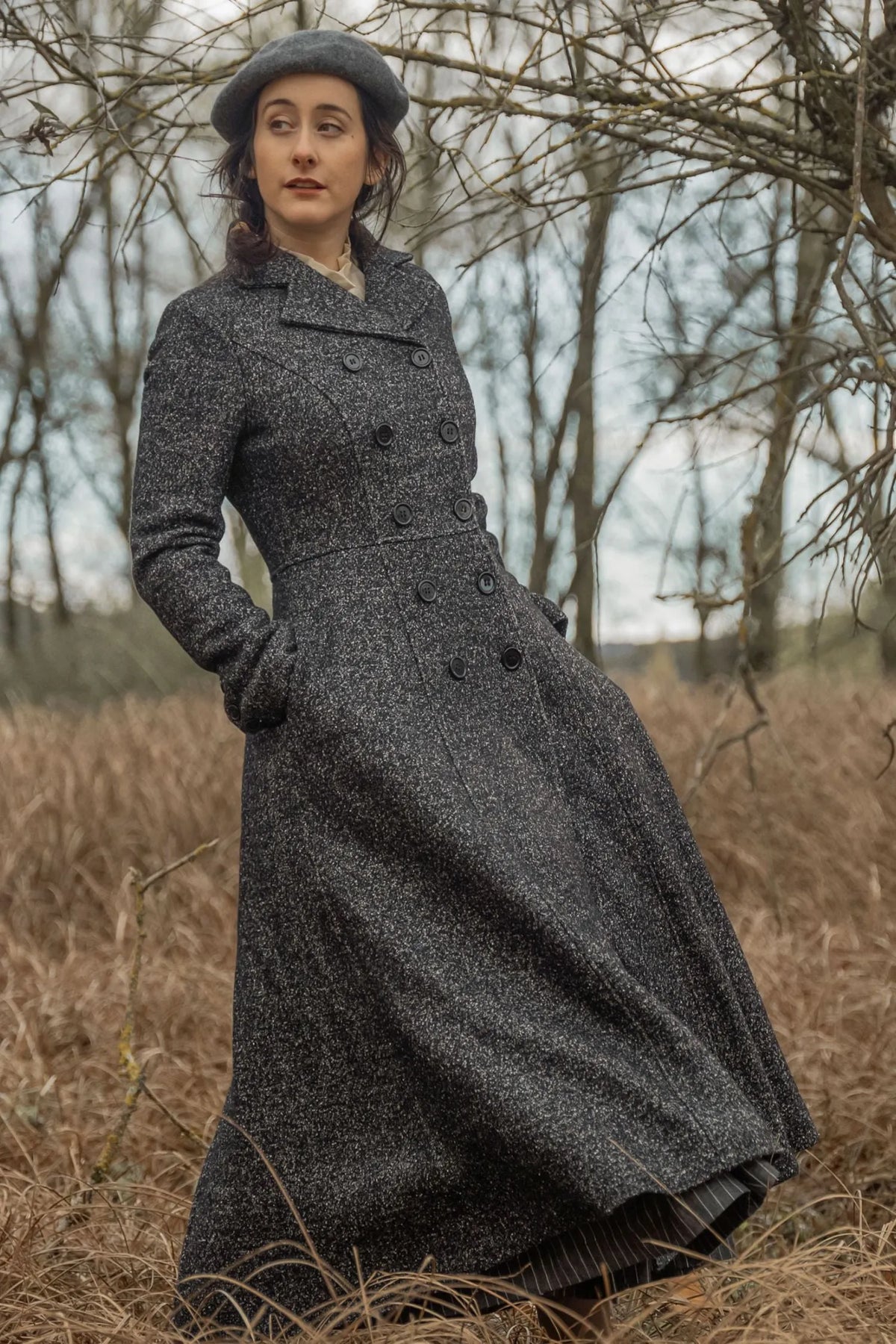 Vintage Wool Blend Coat – Handmade Gray Tweed Fit-and-Flare Winter Overcoat 