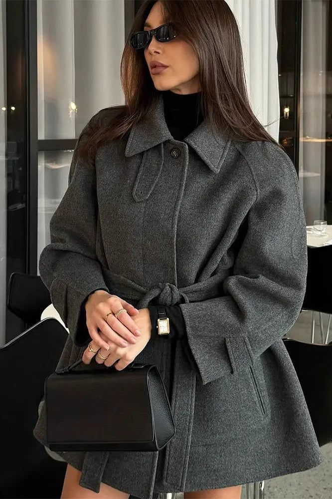 Solid Color Lapel Belted Wool Coat