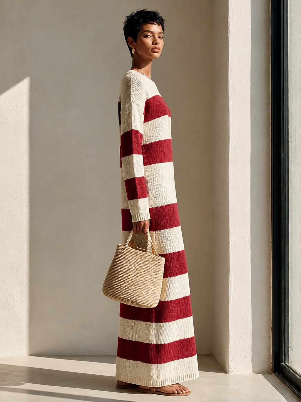 Women's Retro Wide-Stripe Long-Sleeve Knit Maxi Dress MDZ2788H6ZRK
