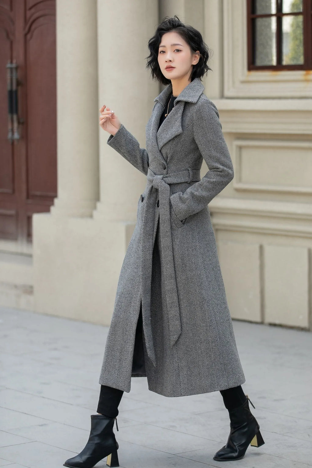 Gray Wool Long Trench Coat - Double Breasted Tie Waist 6288